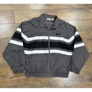 Vintage 90s Reebok Nylon Windbreaker Full Zip Jacket Big Stripes Grey Large